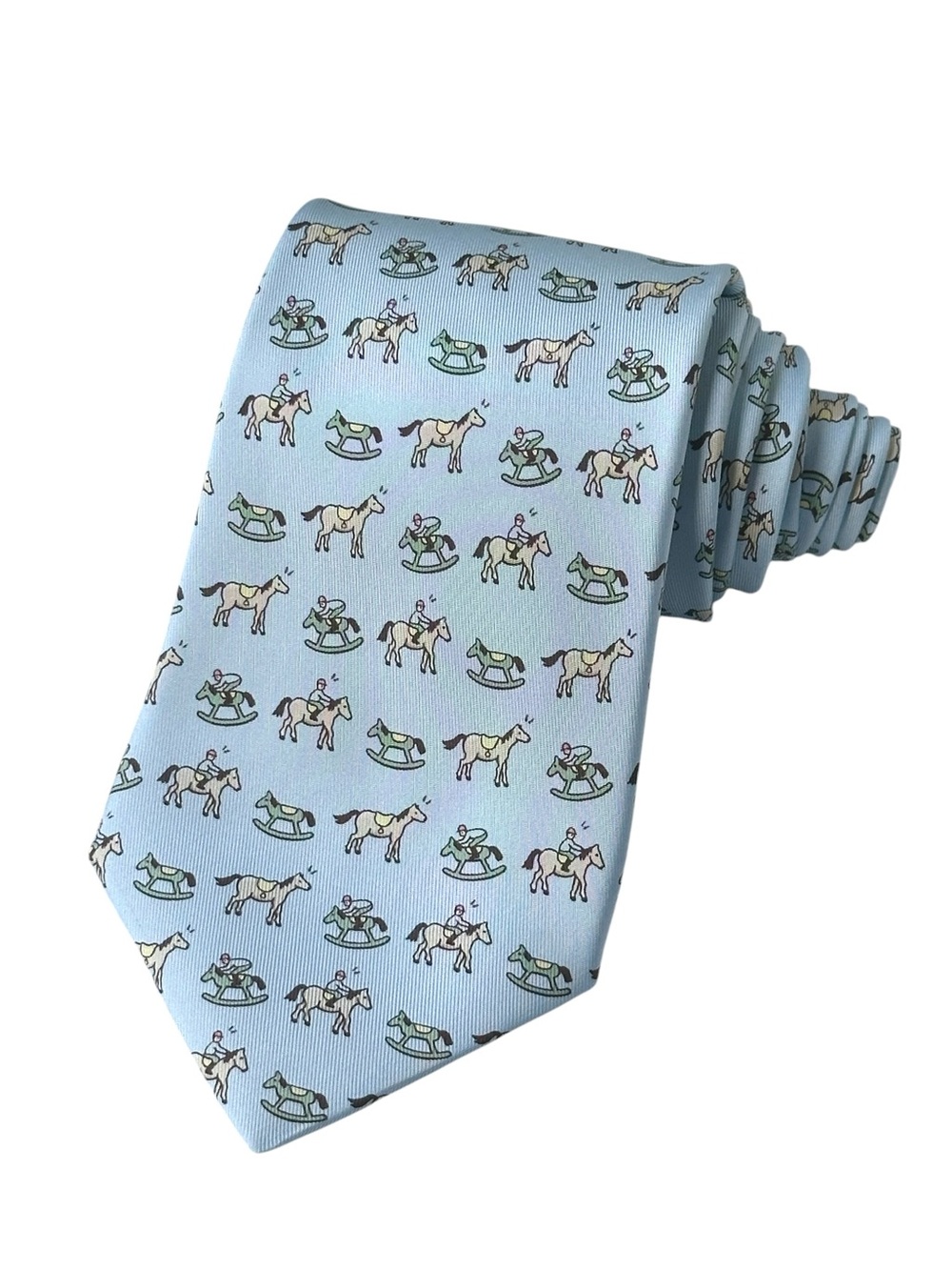 Hermès Silk Tie Light Blue Horse Rocking Horse Made in France